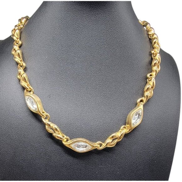Gold Plated Chain Necklace W/ Marquise-Cut Clear Stones Adjustable Clasp 18" - Picture 1 of 16